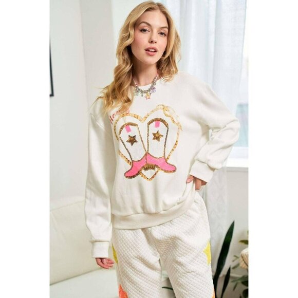 Cowgirl Rope Print With Sequin Boots Sweater - Picture 6 of 15